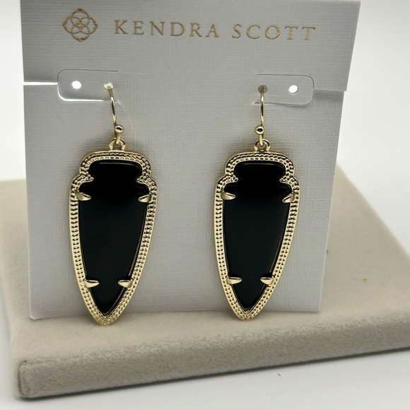 Kendra Scott Skylar Earrings 2" Dangle Drop Black & Gold Tone Pouch - Picture 6 of 12